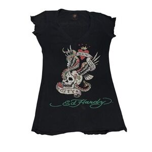 Ed Hardy by Christian Audigier Black Rhinestone Skull New York City Tunic Tee M